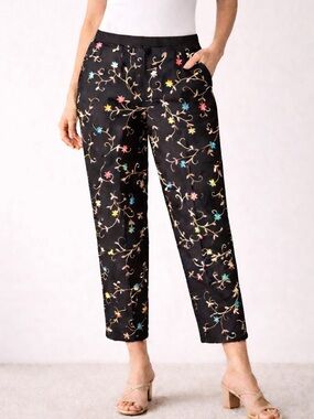 Irish Linen Pants Black Embroidered Floral Cropped Straight Leg Flat Waist